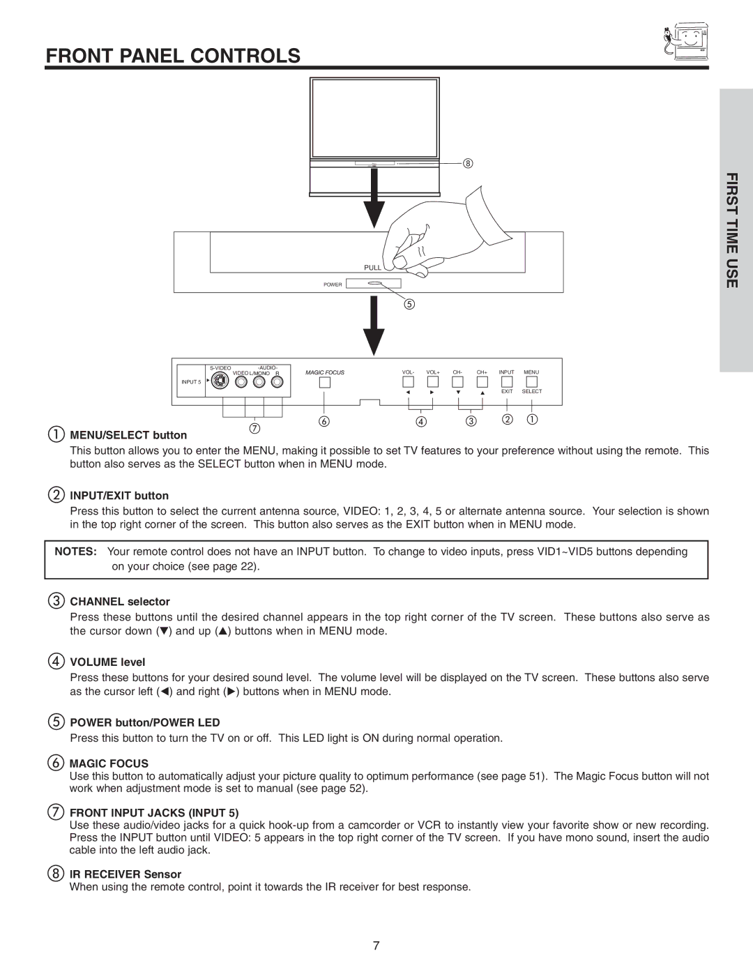 Hitachi 46F510 important safety instructions Front Panel Controls, Magic Focus 