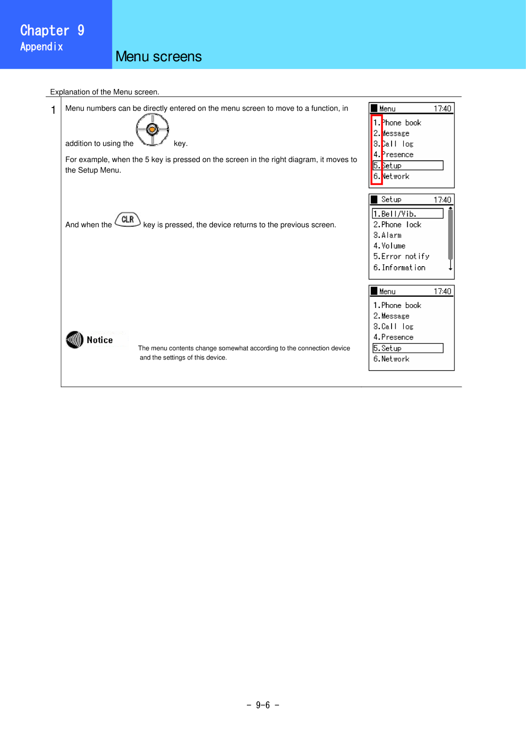 Hitachi 5000 user manual Menu screens 