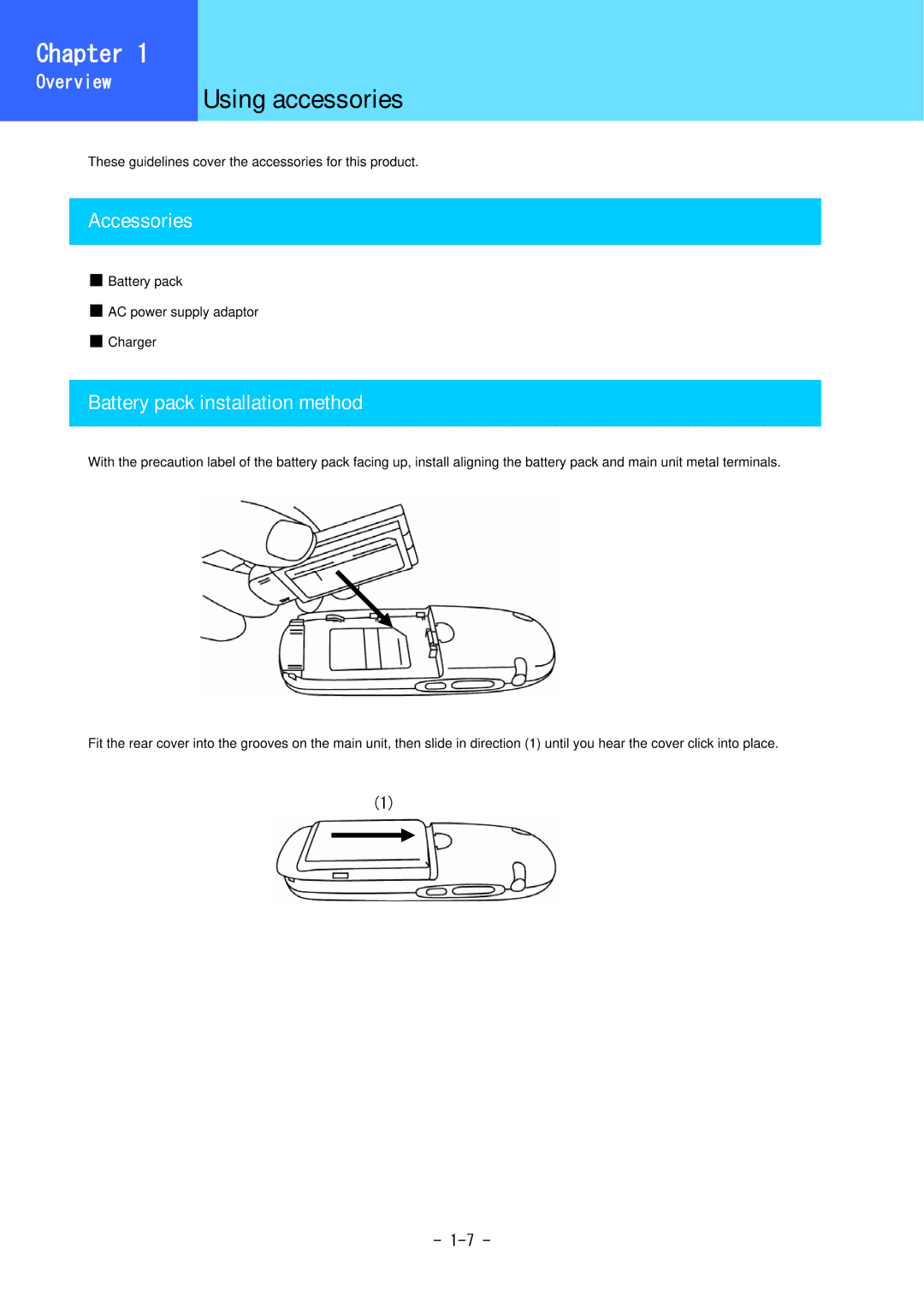 Hitachi 5000 user manual Using accessories, Accessories, Battery pack installation method 