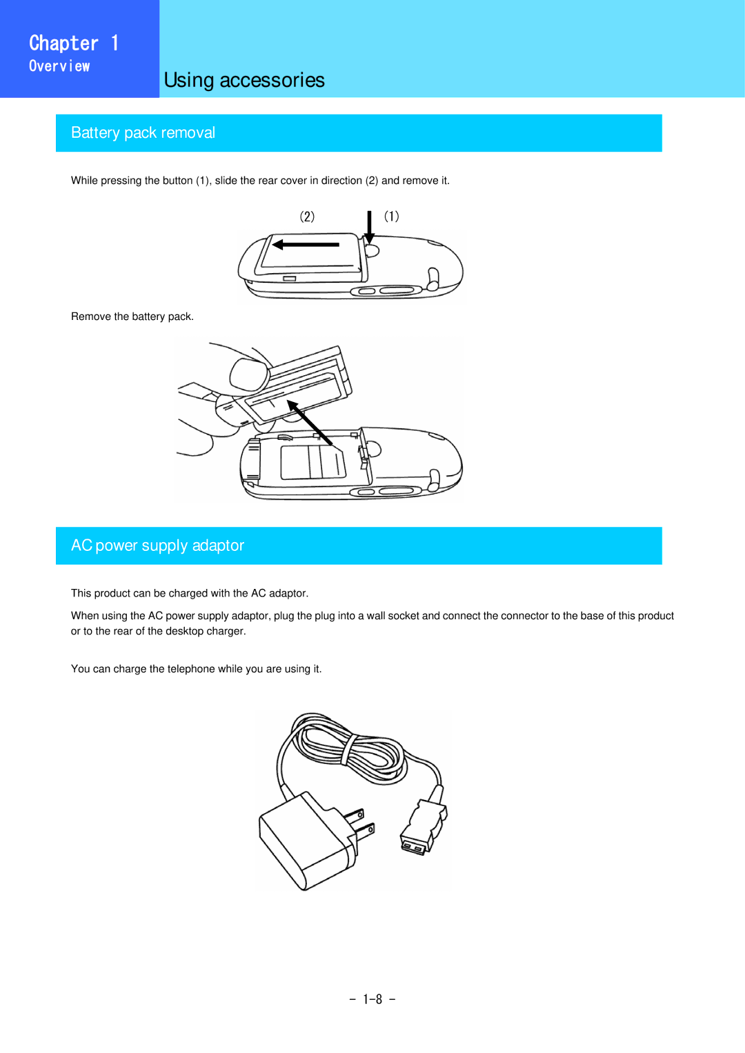 Hitachi 5000 user manual Battery pack removal, AC power supply adaptor 