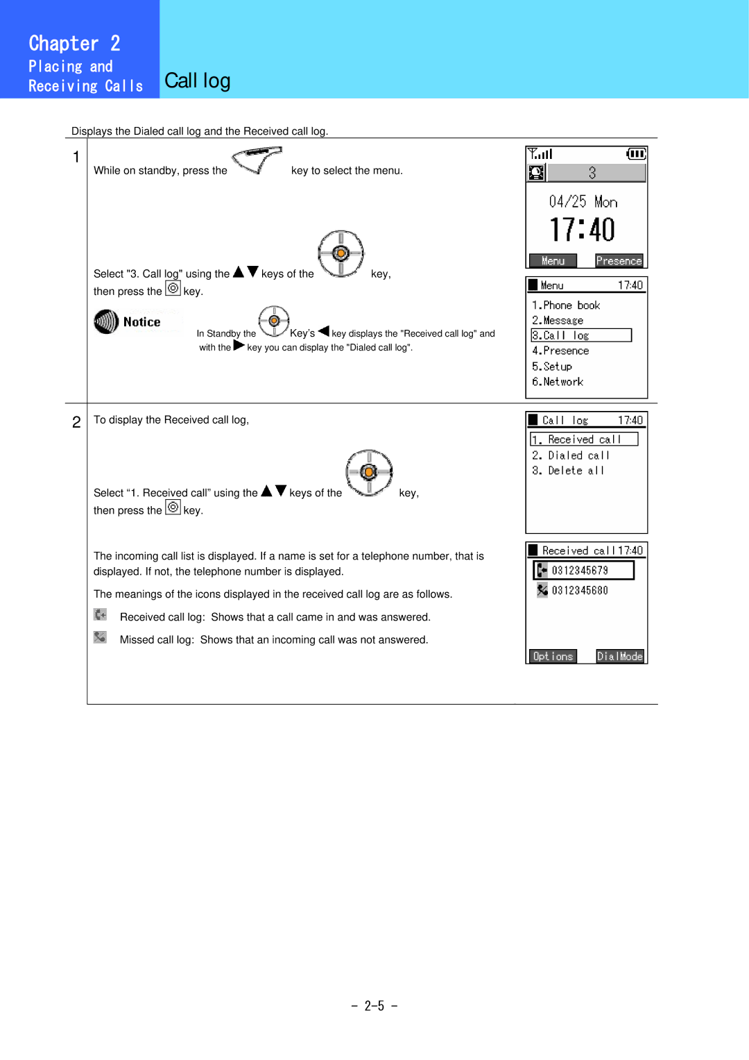 Hitachi 5000 user manual Call log 