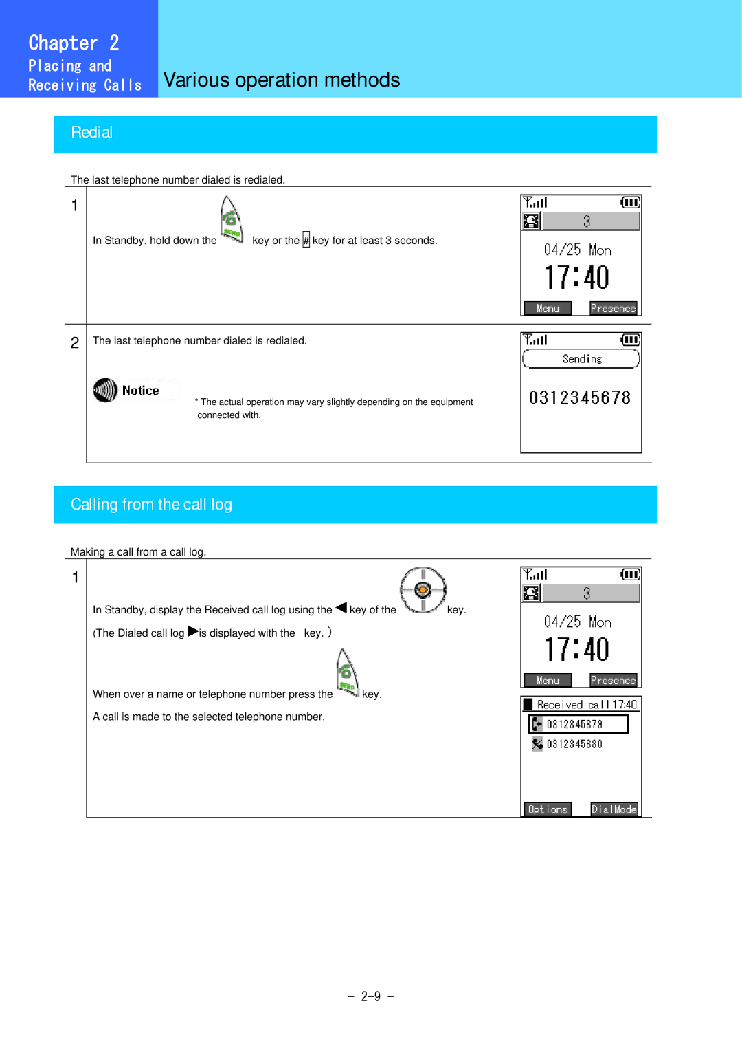 Hitachi 5000 user manual Various operation methods, Redial, Calling from the call log 