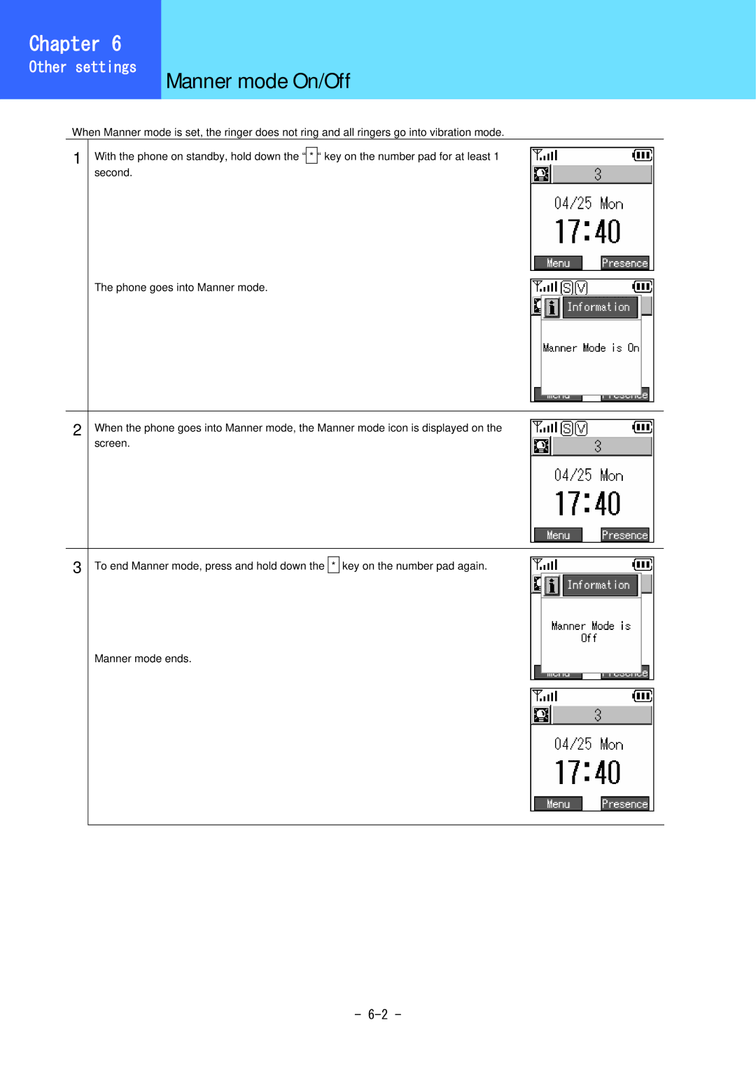 Hitachi 5000 user manual Manner mode On/Off 