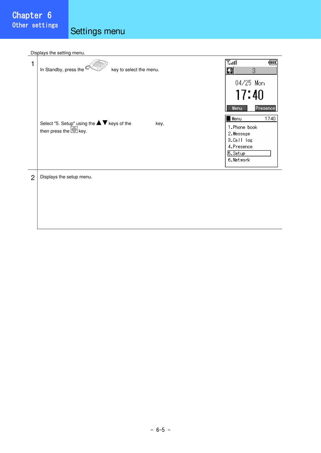 Hitachi 5000 user manual Settings menu, Displays the setting menu 