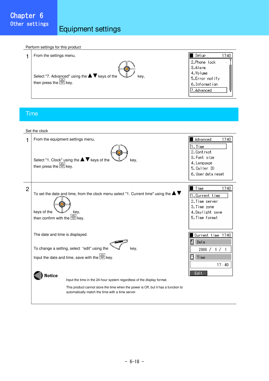 Hitachi 5000 user manual Equipment settings, Time 