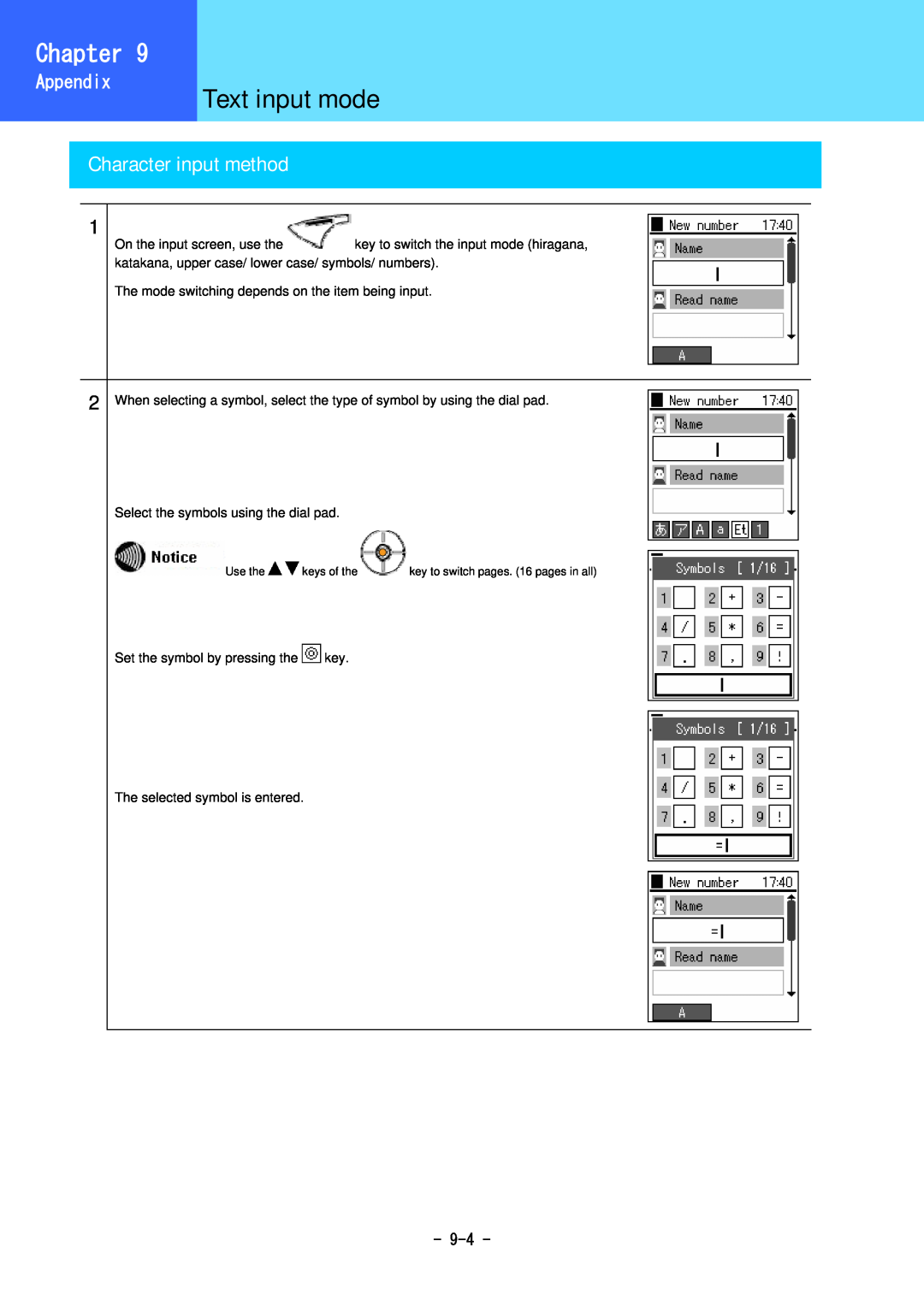 Hitachi 5000 user manual Text input mode, Character input method, Chapter, Appendix 