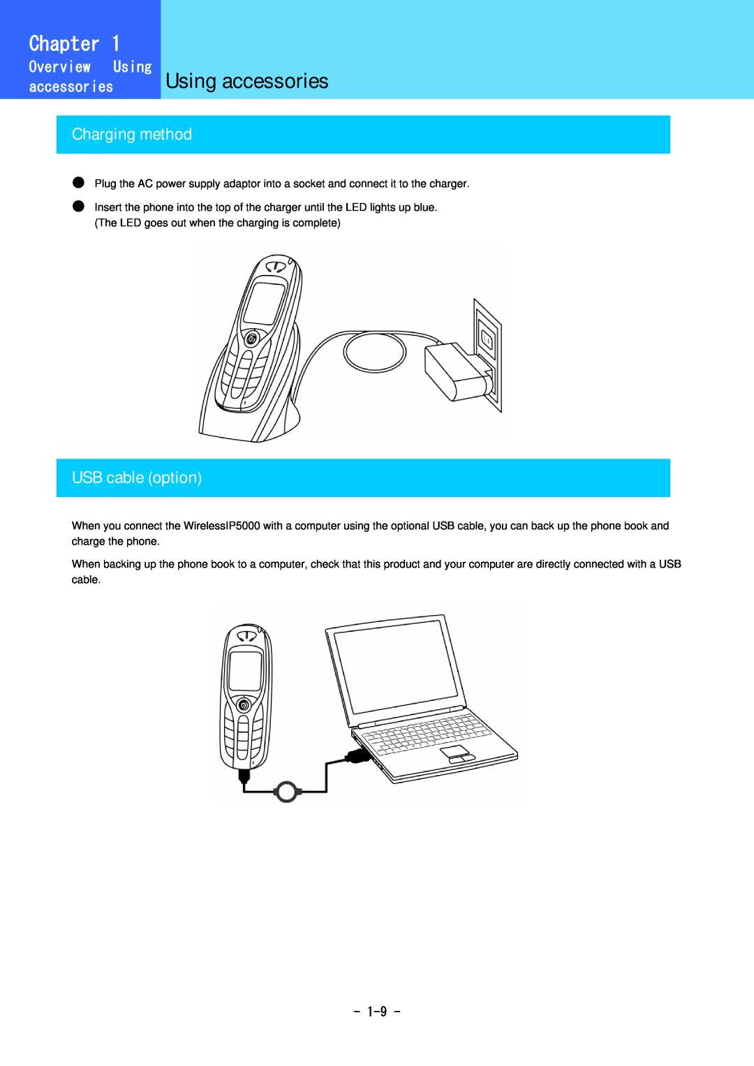 Hitachi 5000 user manual Charging method, USB cable option, Using accessories, Chapter, Overview 