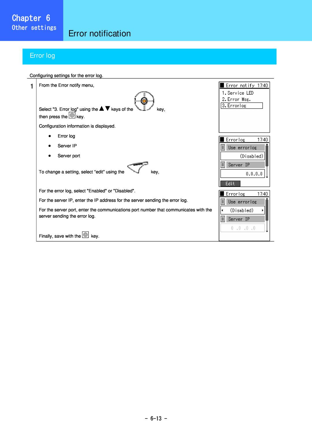 Hitachi 5000 user manual Error log, Error notification, Chapter, Other settings 
