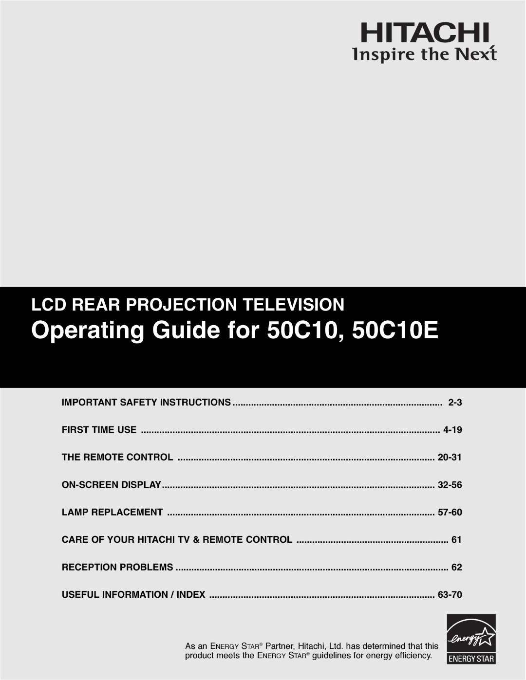 Hitachi important safety instructions Operating Guide for 50C10, 50C10E 