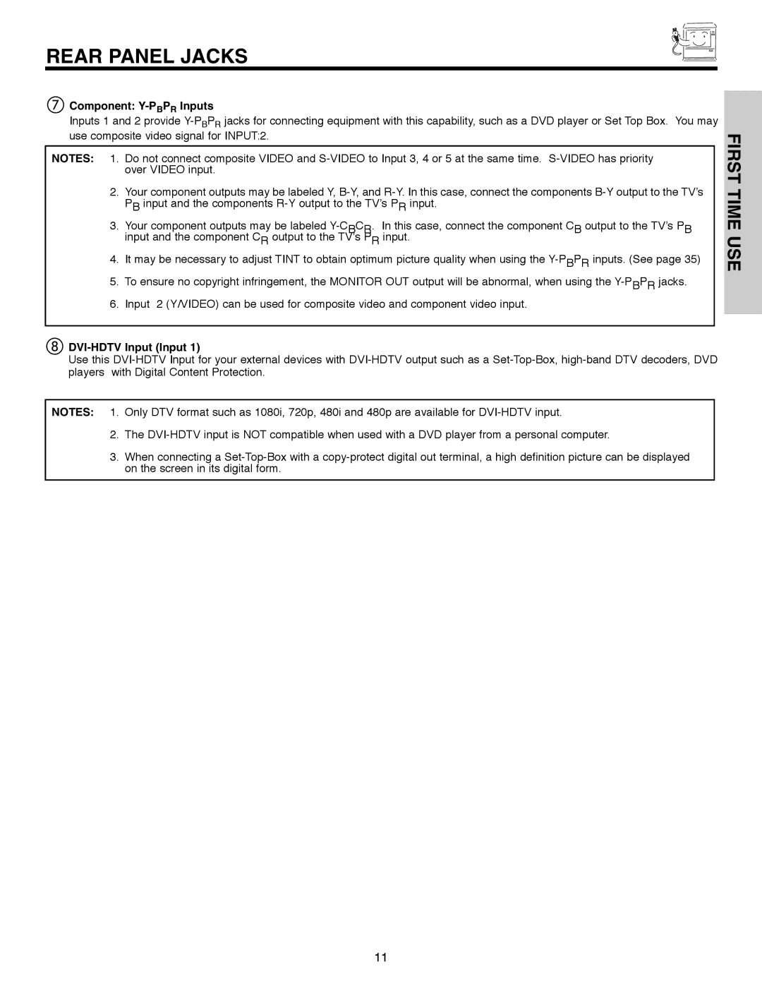 Hitachi 50C10E important safety instructions Component Y-PBPRInputs, DVI-HDTV Input Input 