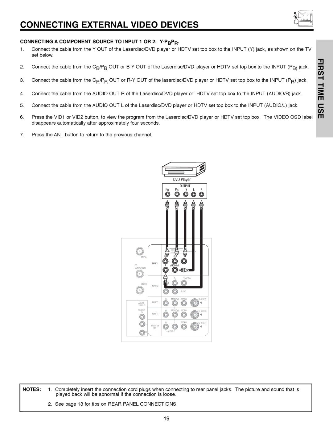 Hitachi 50C10E important safety instructions Connecting a Component Source to Input 1 or 2 Y-PBPR, DVD Player 