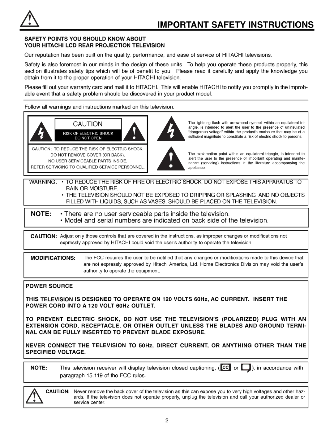 Hitachi 50C10E important safety instructions Important Safety Instructions, Do not Open 