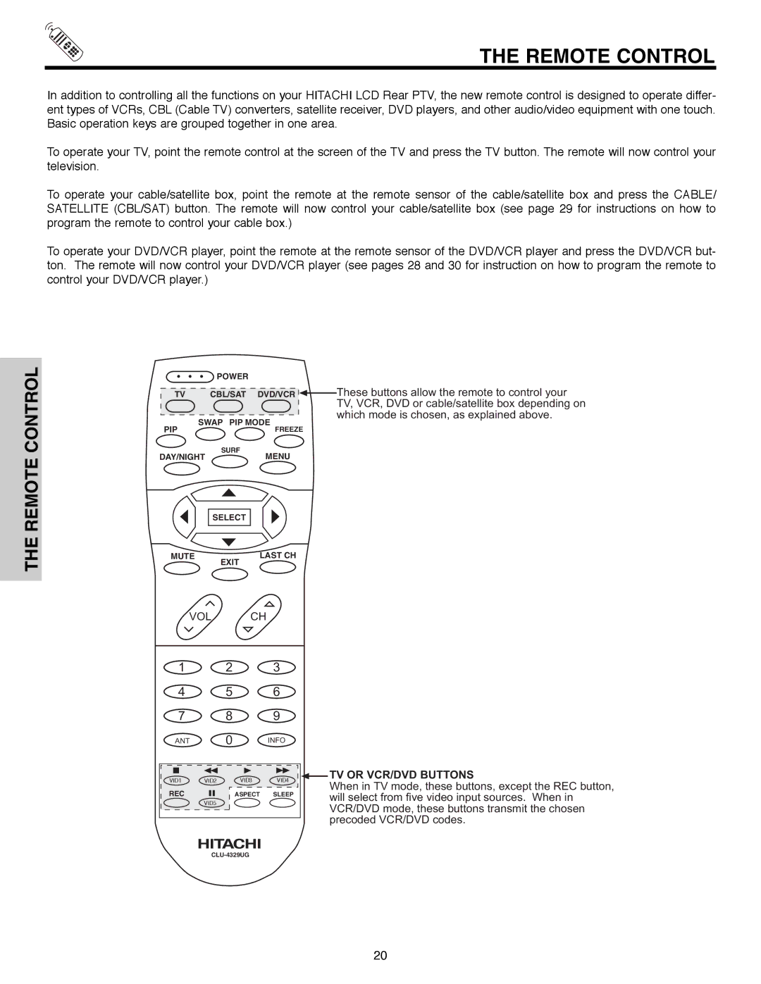 Hitachi 50C10 Remote Control, These buttons allow the remote to control your, Which mode is chosen, as explained above 