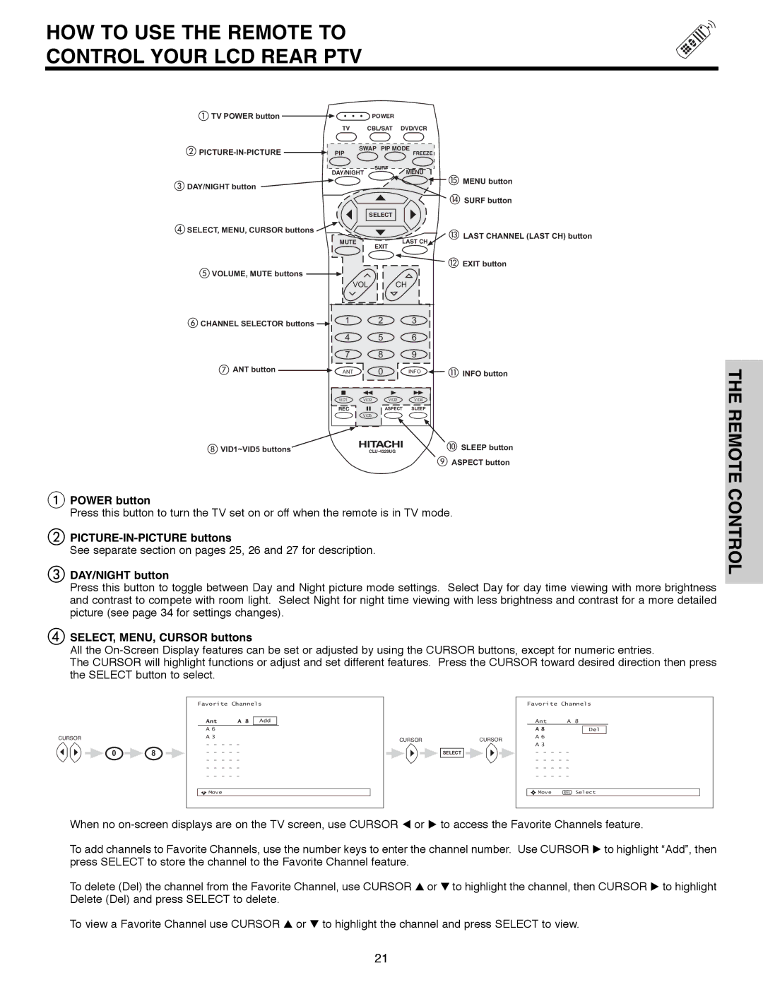 Hitachi 50C10E HOW to USE the Remote to Control Your LCD Rear PTV, PICTURE-IN-PICTURE buttons, DAY/NIGHT button 