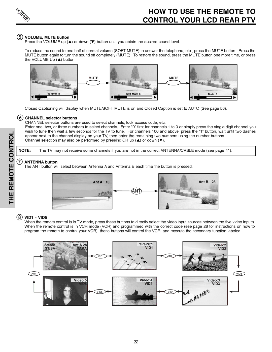 Hitachi 50C10E important safety instructions VOLUME, Mute button, Channel selector buttons, Antenna button, VID1 ~ VID5 