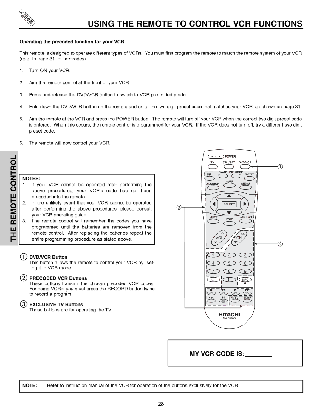 Hitachi 50C10 Using the Remote to Control VCR Functions, Operating the precoded function for your VCR, DVD/VCR Button 