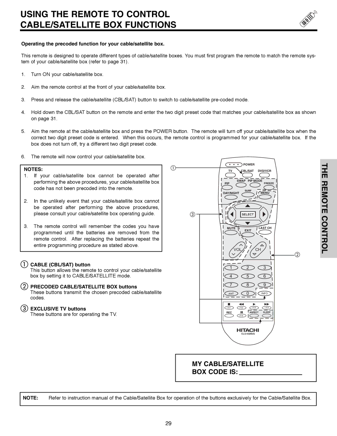 Hitachi 50C10E Using the Remote to Control CABLE/SATELLITE BOX Functions, Cable CBL/SAT button 