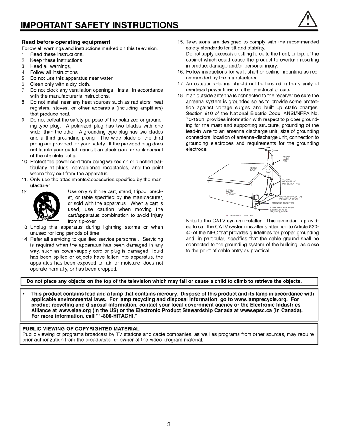 Hitachi 50C10E important safety instructions Read before operating equipment, Public Viewing of Copyrighted Material 