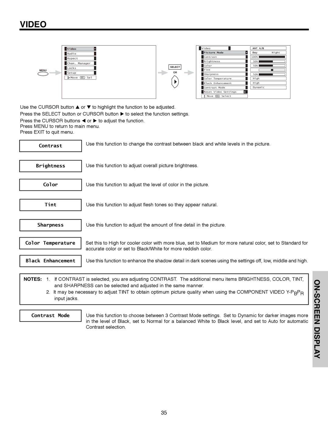 Hitachi 50C10E important safety instructions Contrast, Video 