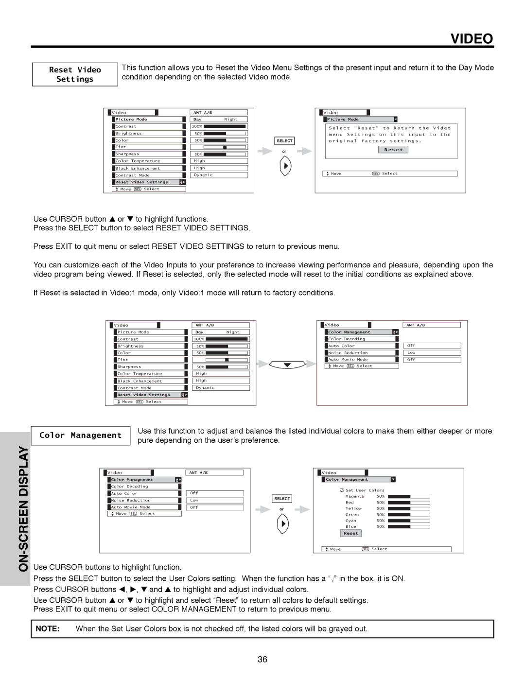 Hitachi 50C10E important safety instructions Reset Video Settings, Color Management 