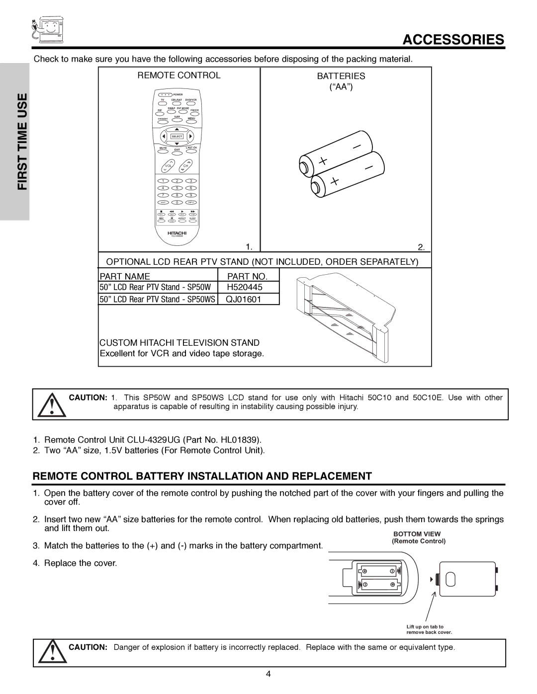 Hitachi 50C10E important safety instructions Accessories, First Time USE 