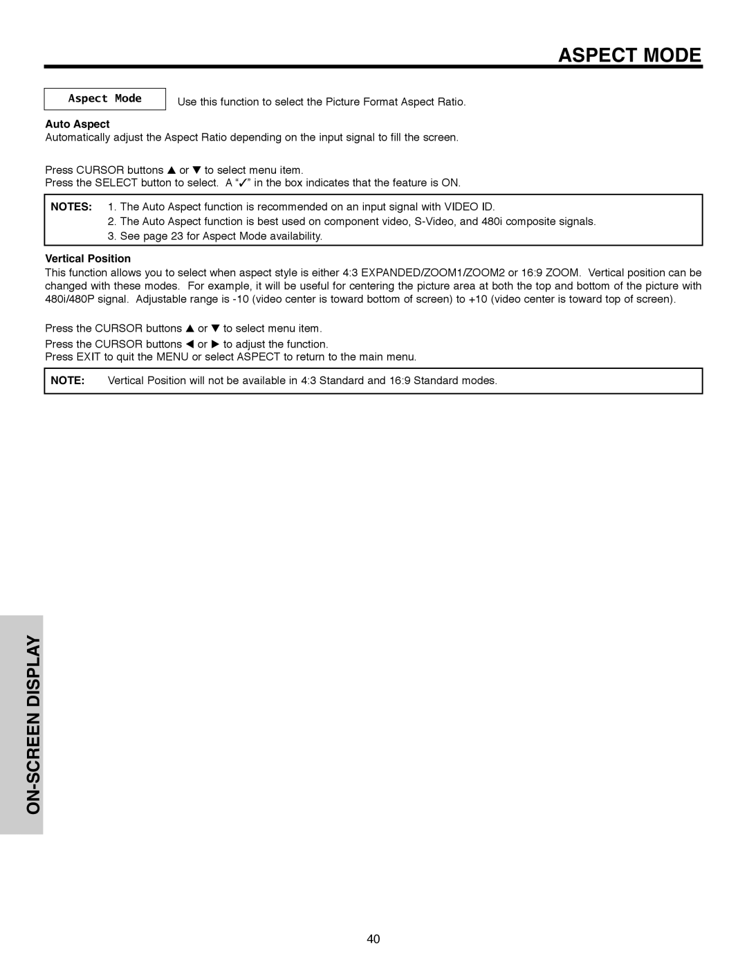 Hitachi 50C10E important safety instructions Aspect Mode, Auto Aspect, Vertical Position 