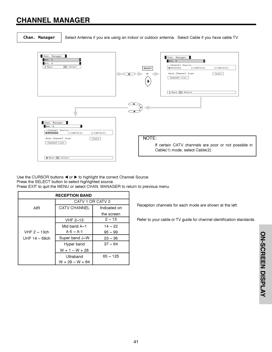 Hitachi 50C10E important safety instructions Channel Manager, Chan. Manager, Reception Band 