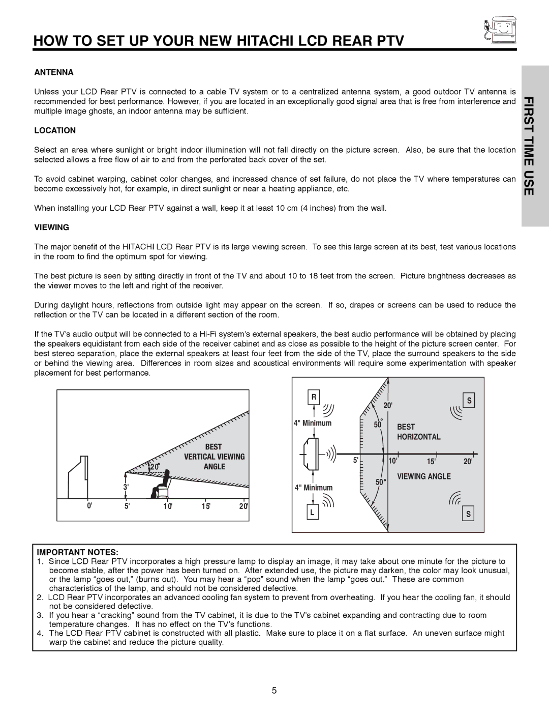 Hitachi 50C10E important safety instructions HOW to SET UP Your NEW Hitachi LCD Rear PTV 