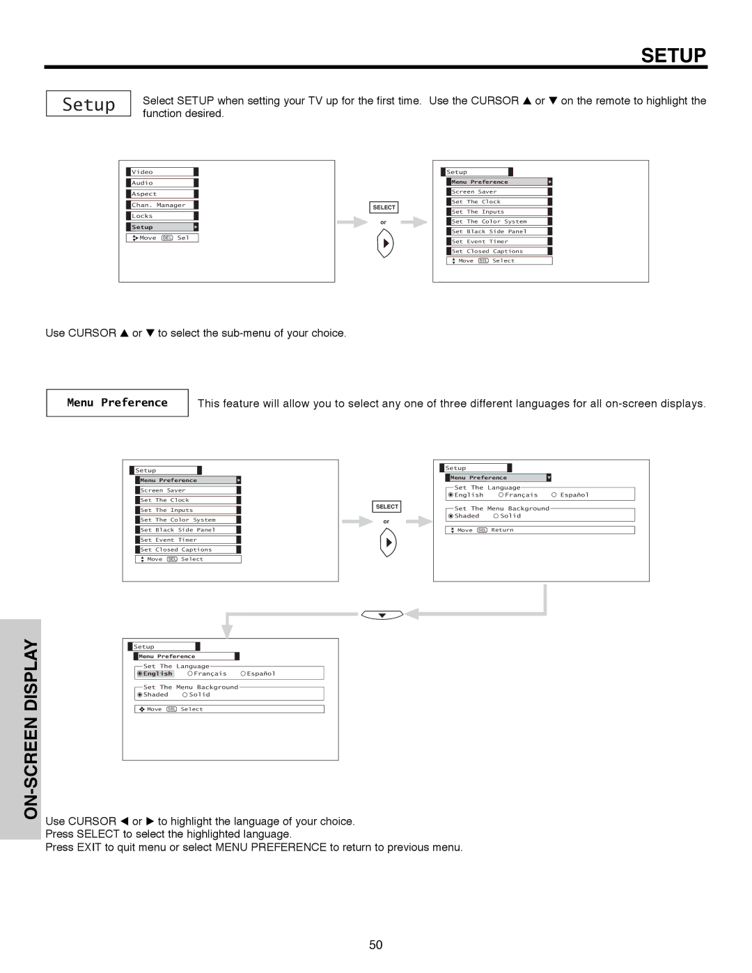 Hitachi 50C10E important safety instructions Setup, Menu Preference 