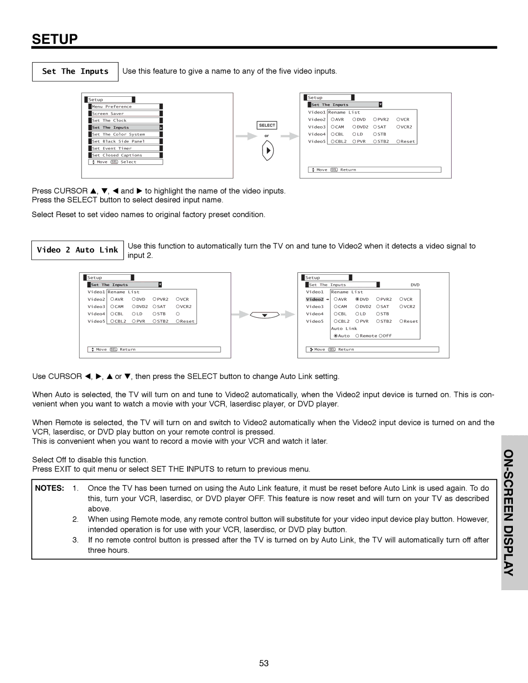 Hitachi 50C10E important safety instructions Set The Inputs, Video 2 Auto Link 