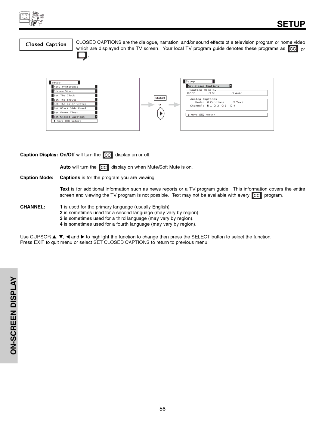 Hitachi 50C10E important safety instructions Closed Caption, Channel 