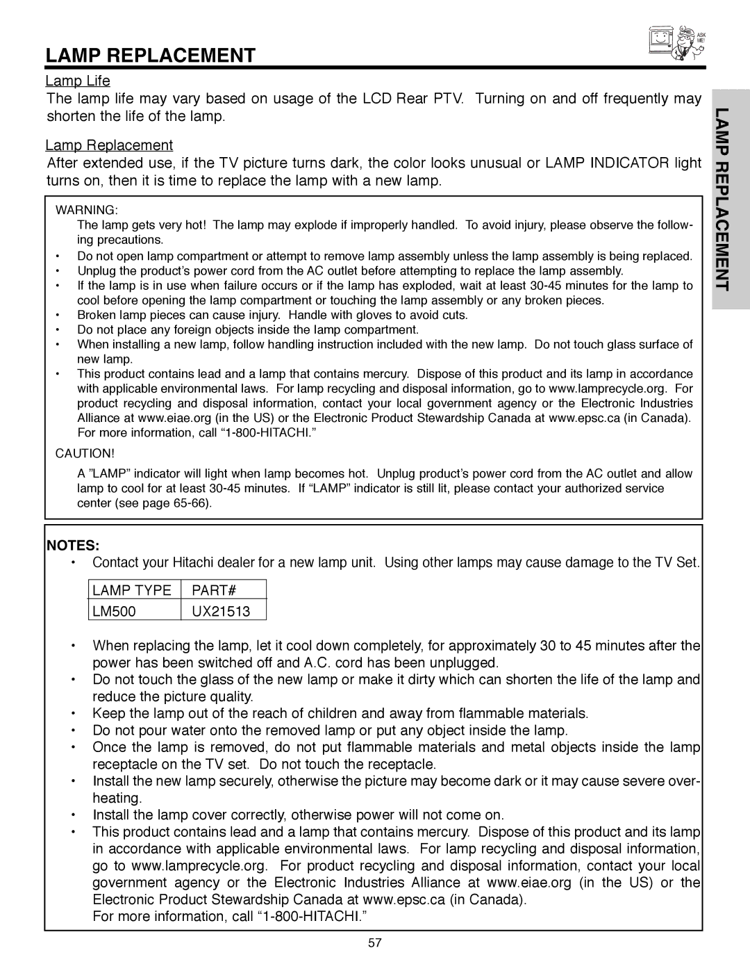 Hitachi 50C10E important safety instructions Lamp Replacement 