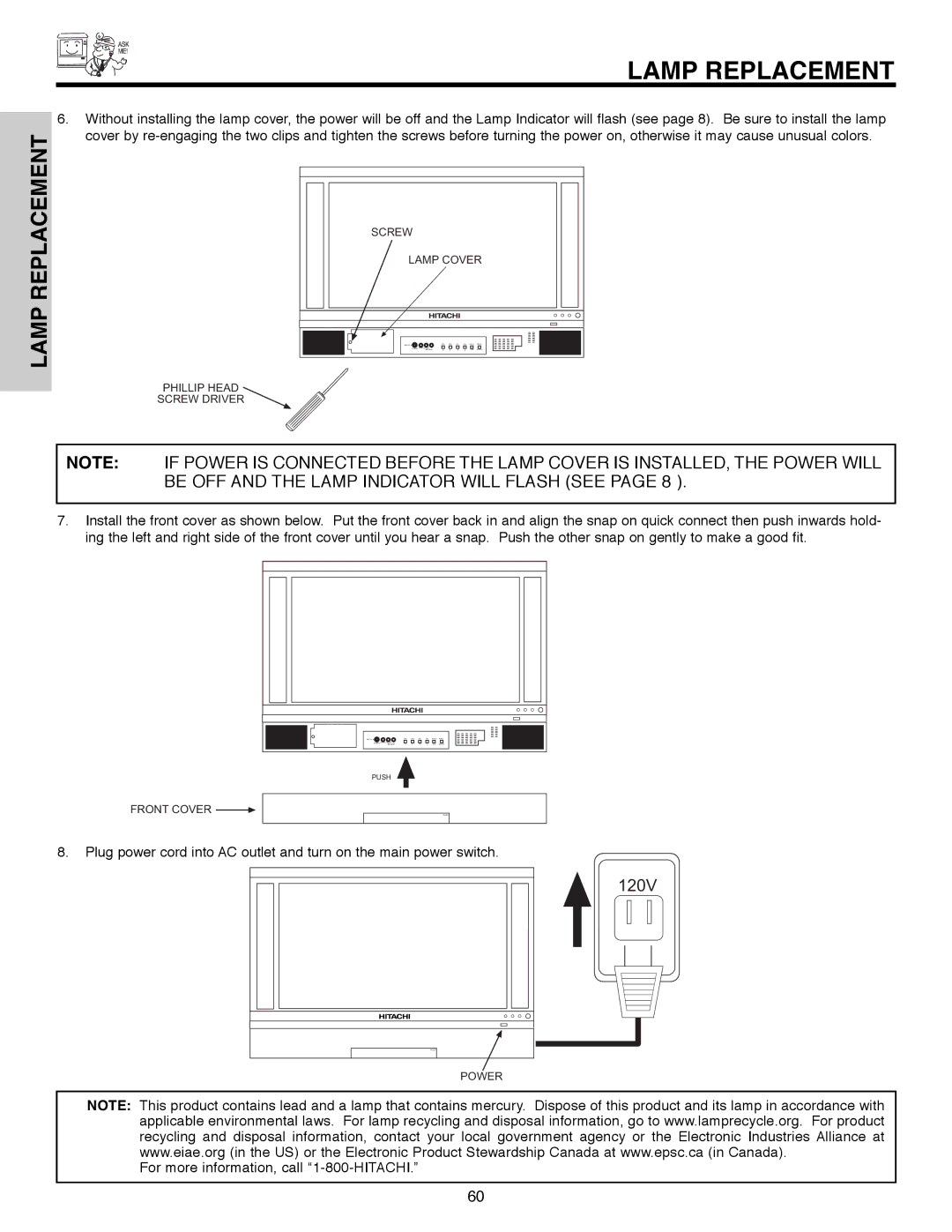 Hitachi 50C10E important safety instructions 120V 