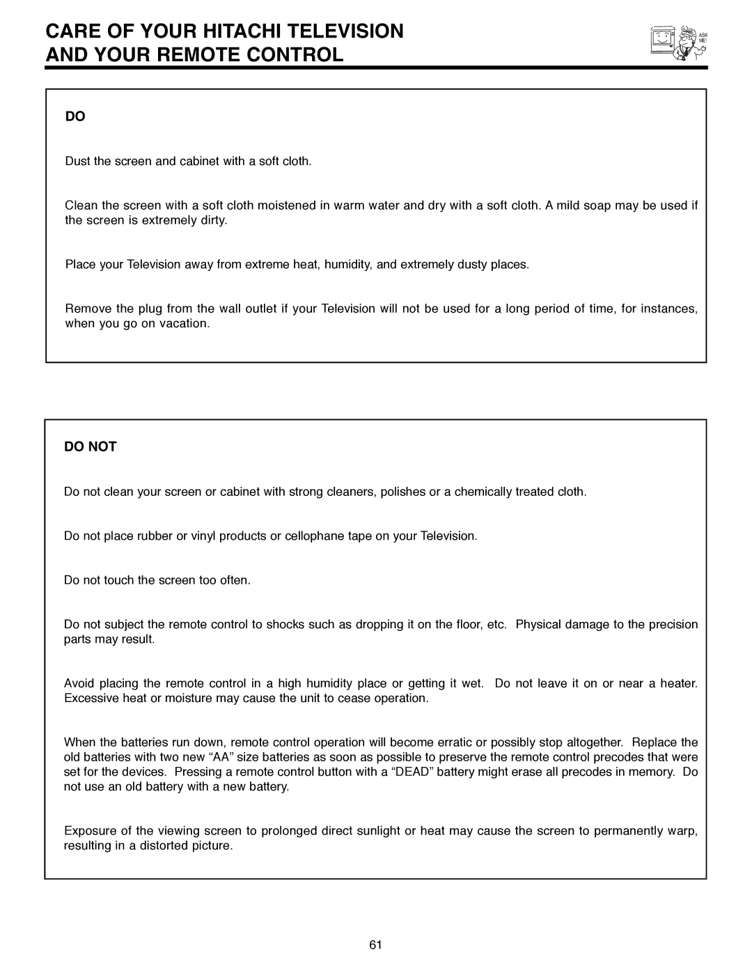 Hitachi 50C10E important safety instructions Care of Your Hitachi Television Your Remote Control, Do not 