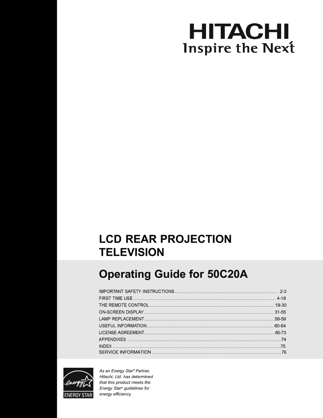Hitachi 50C20A important safety instructions LCD Rear Projection Television 