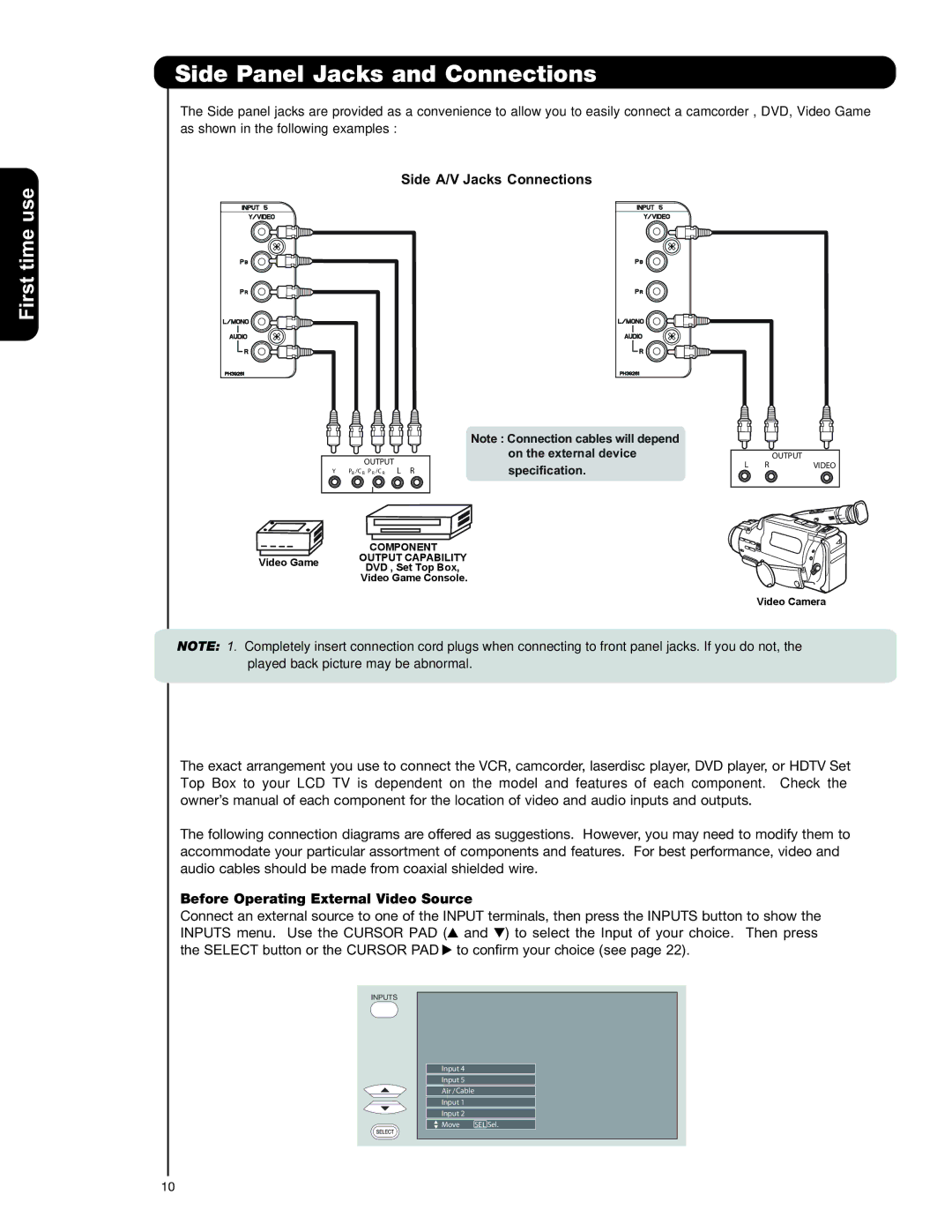 Hitachi 50C20A important safety instructions Side Panel Jacks and Connections, Side A/V Jacks Connections 