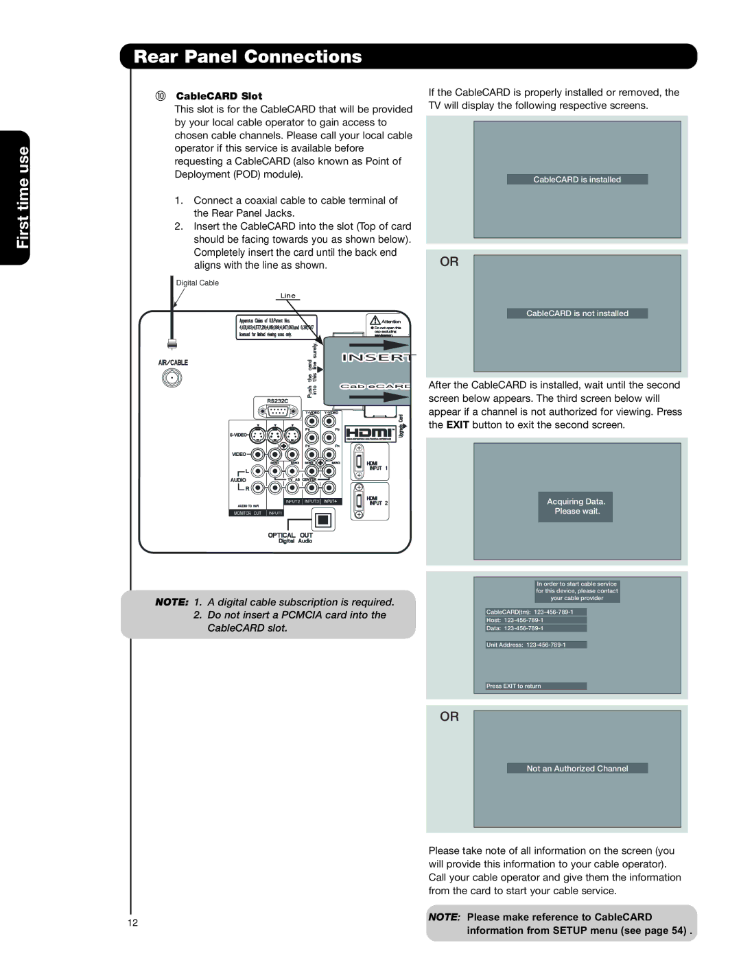 Hitachi 50C20A important safety instructions CableCARD Slot, Information from Setup menu see 