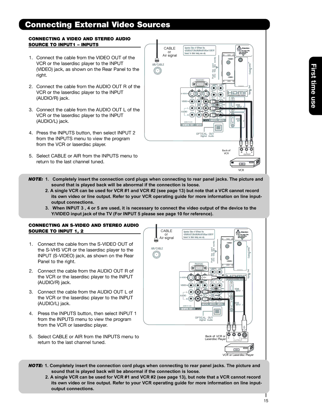 Hitachi 50C20A Connecting External Video Sources, Connecting a Video and Stereo Audio Source to INPUT1 INPUT5 