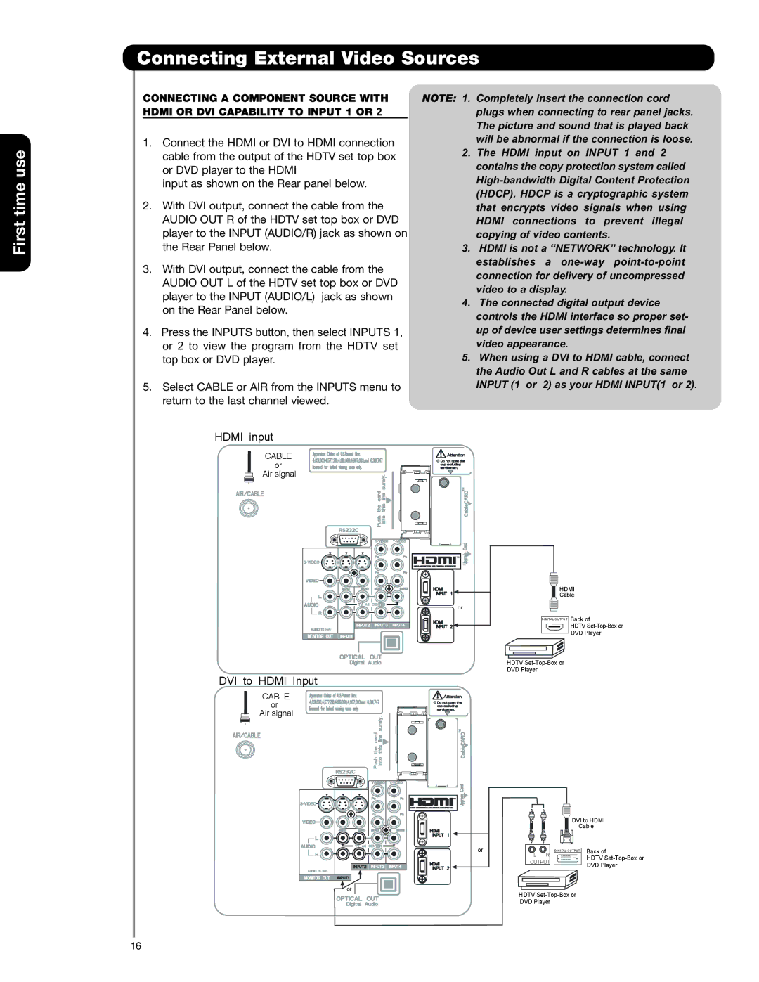 Hitachi 50C20A important safety instructions DVI to Hdmi Input 