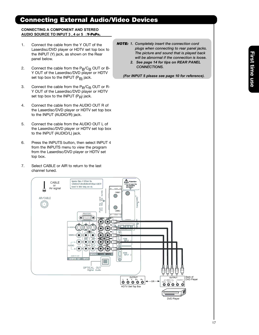 Hitachi 50C20A important safety instructions Connecting External Audio/Video Devices 