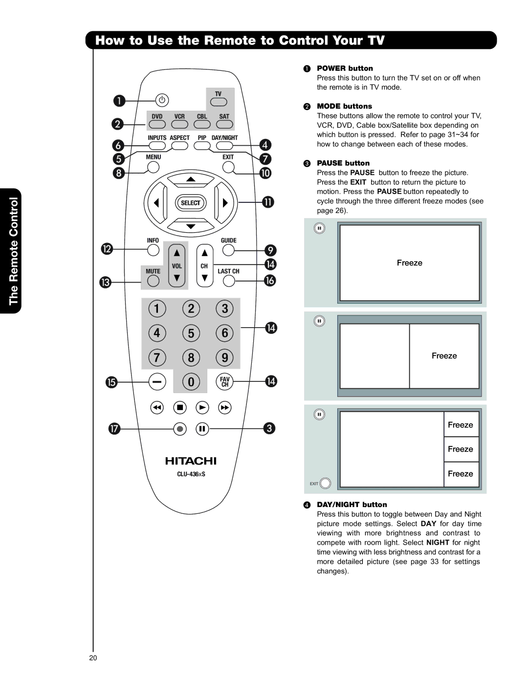 Hitachi 50C20A How to Use the Remote to Control Your TV, Mode buttons, Pause button, DAY/NIGHT button 