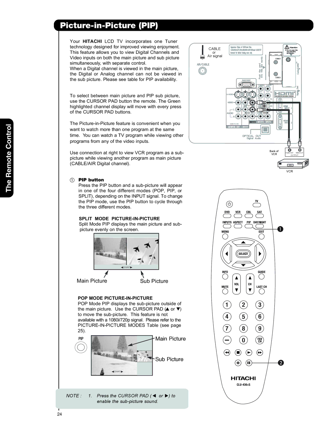 Hitachi 50C20A Picture-in-Picture PIP, PIP button, Split Mode PICTURE-IN-PICTURE, POP Mode PICTURE-IN-PICTURE 