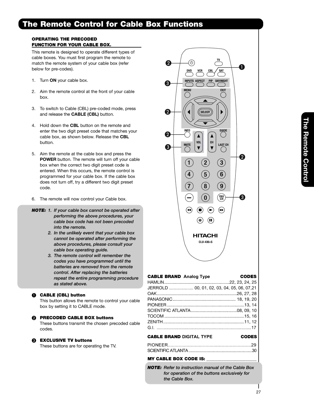 Hitachi 50C20A Remote Control for Cable Box Functions, Operating the Precoded Function for Your Cable BOX, Codes 