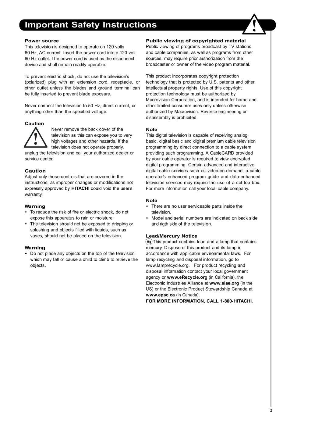 Hitachi 50C20A important safety instructions Power source, Public viewing of copyrighted material, Lead/Mercury Notice 