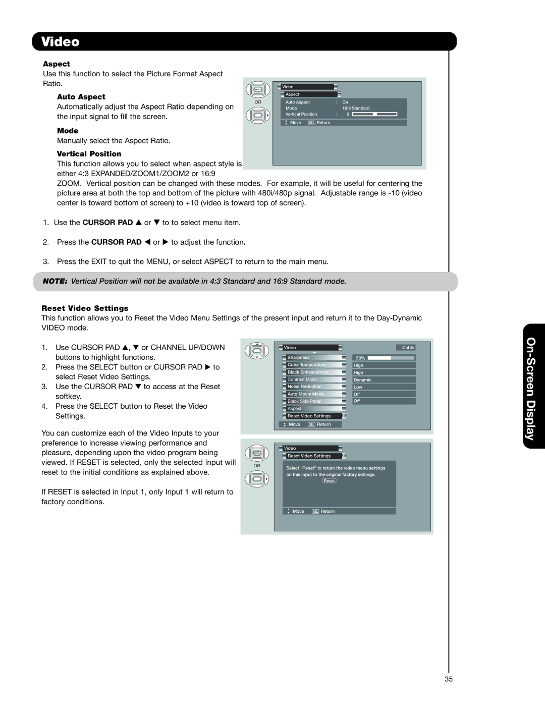 Hitachi 50C20A important safety instructions Vertical Position, Reset Video Settings 