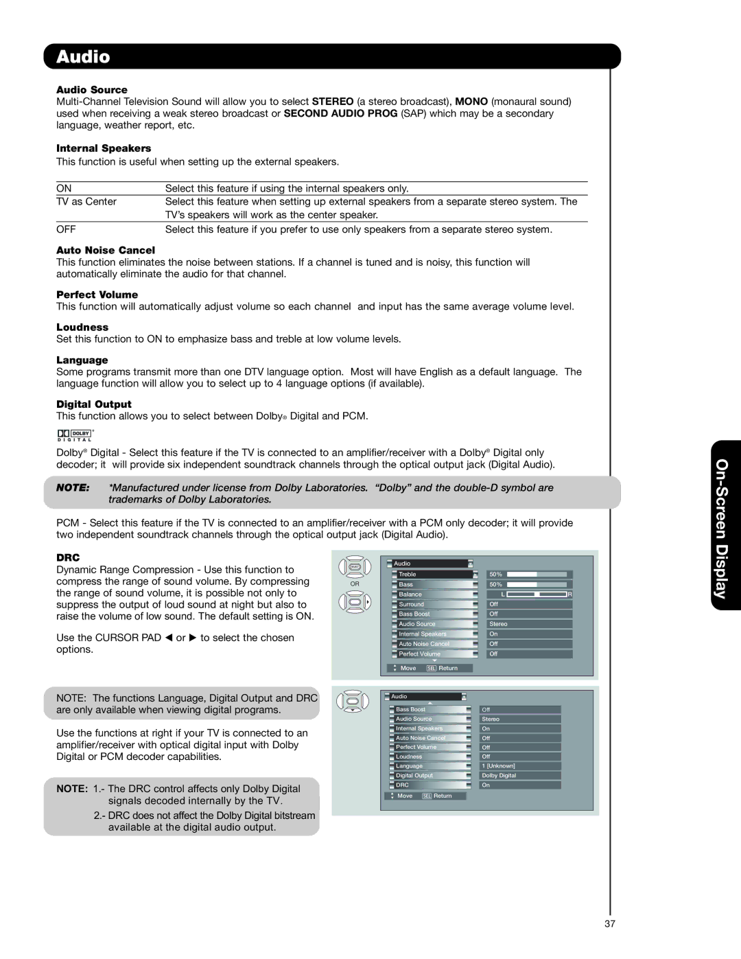 Hitachi 50C20A important safety instructions On-Screen, Display, Drc 