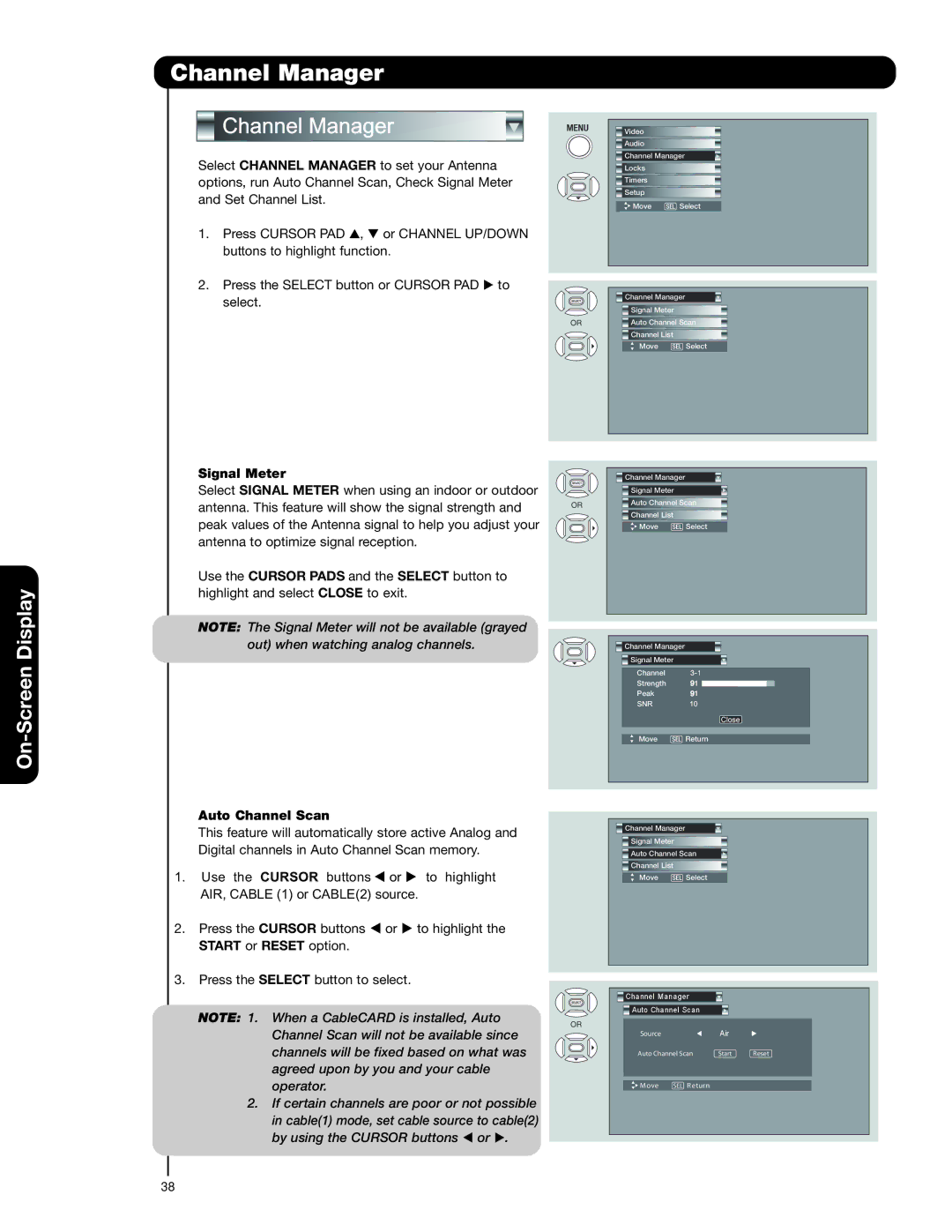 Hitachi 50C20A important safety instructions Channel Manager, Signal Meter, Auto Channel Scan, Start or Reset option 