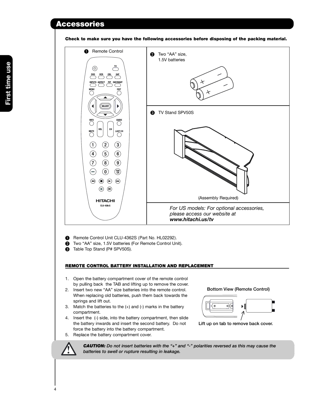 Hitachi 50C20A Accessories, First time use, Remote Control Battery Installation and Replacement 