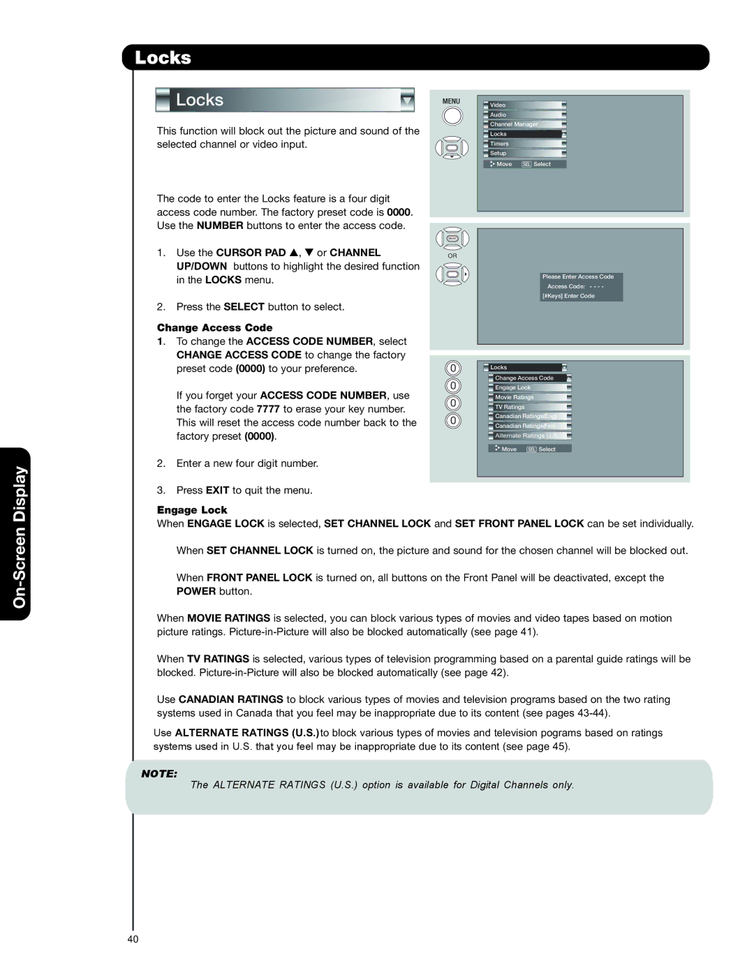 Hitachi 50C20A important safety instructions Locks, Change Access Code 