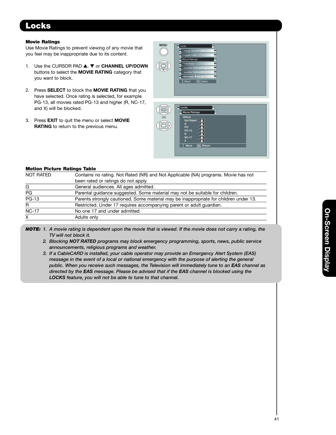 Hitachi 50C20A important safety instructions Movie Ratings, Motion Picture Ratings Table 